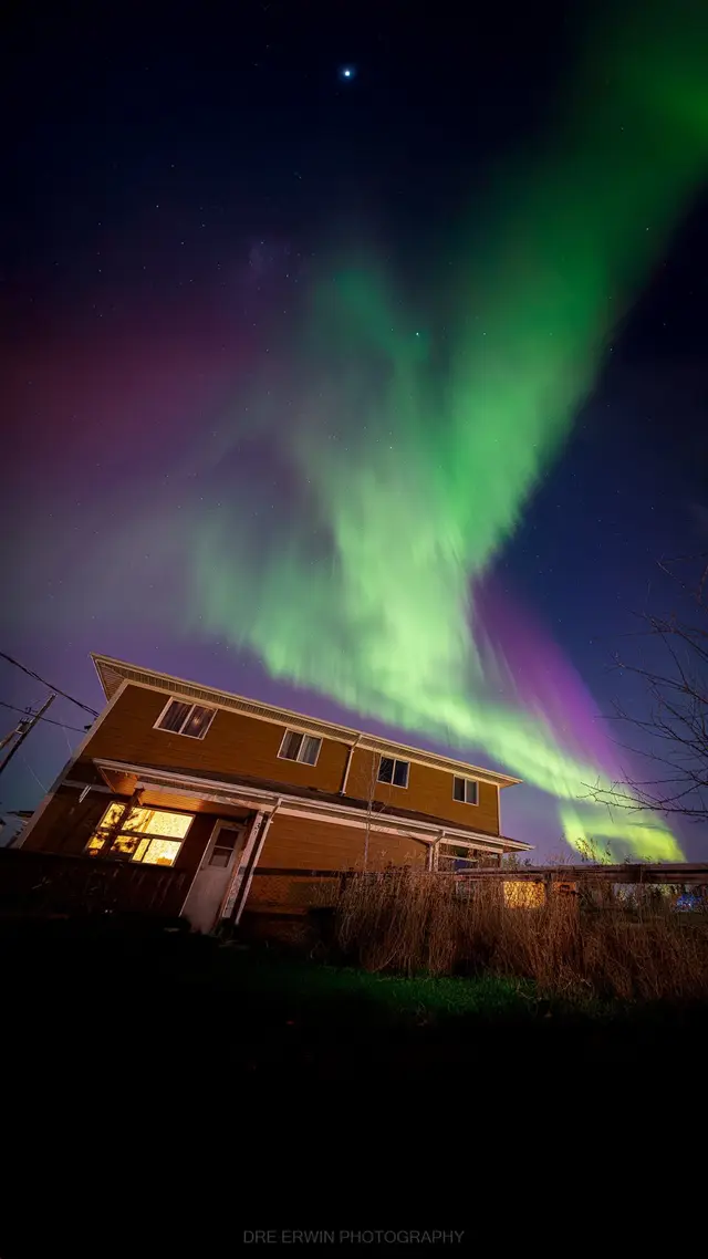 Aurora borealis over the Sandy Bay Health Clinic